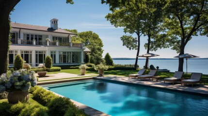 Fototapeta premium Mediterranean inspired villa with a sprawling garden and a private beach access in the exclusive Hamptons, New York