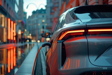 A modern electric car charging on the street, illuminated by orange neon lights. City background,...