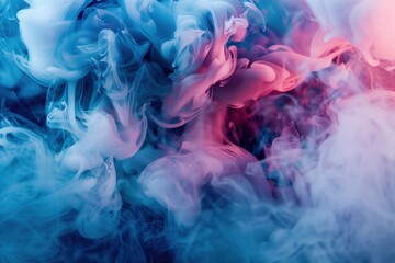 Swirling smoke in shades of blue and pink, creating an abstract background with space for text. The...