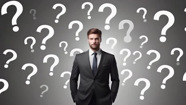 A confident man in a business suit stands amid a sea of question marks, symbolizing uncertainty and decision making in business. AI Generation