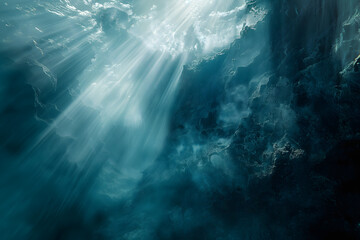 Fototapeta na wymiar Mysterious Underwater Seascape with Rays of Light Penetrating the Depth