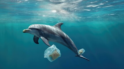 dolphin in the ocean swims with garbage