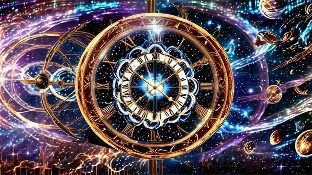 A vibrant, intricate astrological clock embodies the mysteries of time and the universe, surrounded by zodiac signs and cosmic symbols.. AI Generation