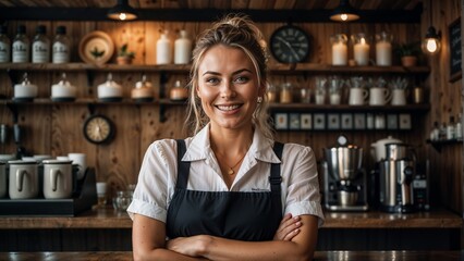 Fototapeta na wymiar Portrait of smiling waitress standing at counter in coffee shop and looking at camera