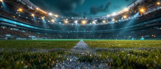 Majestic 3D rendering of an empty stadium with a focus on the lush green field and illuminated stands