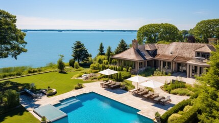 Fototapeta premium Mediterranean inspired villa with a sprawling garden and a private beach access in the exclusive Hamptons, New York