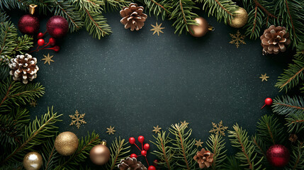 Festive Christmas Background with Ornaments and Pine Branches