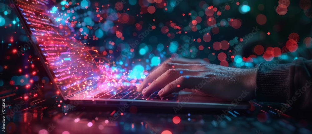 Poster Hands typing on a laptop with vibrant holographic data flow visualization against a dark backdrop