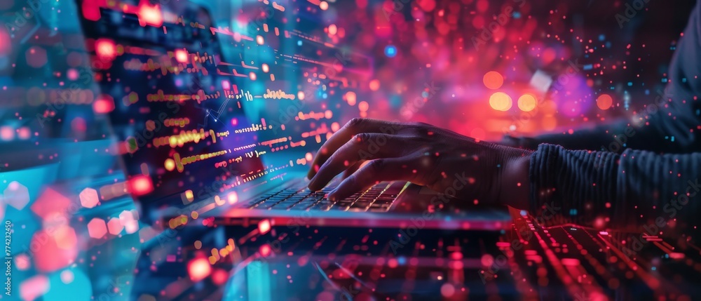 Poster Hands typing on a laptop with vibrant holographic data flow visualization against a dark backdrop