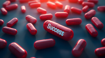 Success Concept Represented by Red Pill Among Many on Reflective Surface - obrazy, fototapety, plakaty