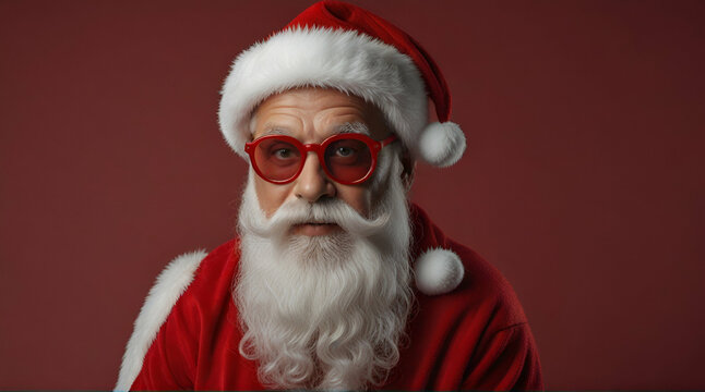 cool Santa Claus taking holiday pictures - isolated on the red background .Generative AI
