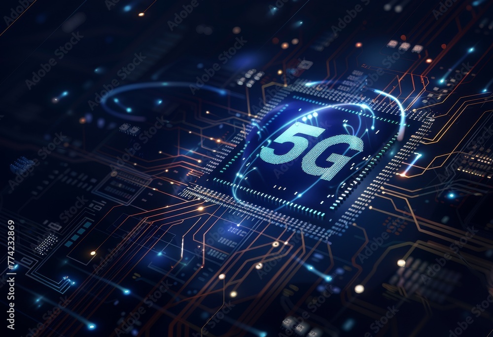 Poster Futuristic microchip with glowing 5G connectivity symbol on a circuit board background