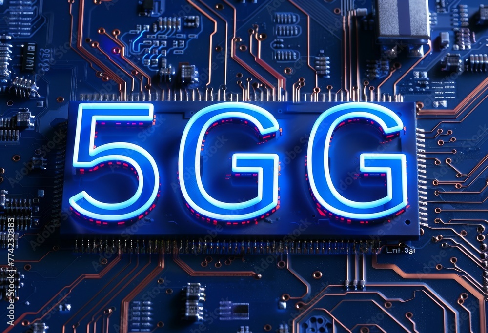 Poster Futuristic microchip with glowing 5G connectivity symbol on a circuit board background