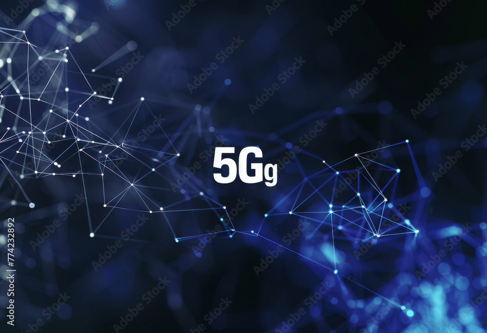 Poster Futuristic microchip with glowing 5G connectivity symbol on a circuit board background