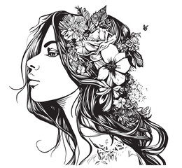 Doodle girl with flowers in her hair. Women portrait for adult coloring book. Vector illustration.