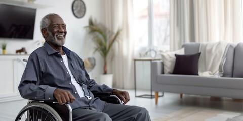 Portrait of a joyful African American senior man in a wheelchair at his cozy home, smiling with contentment and independence. - obrazy, fototapety, plakaty