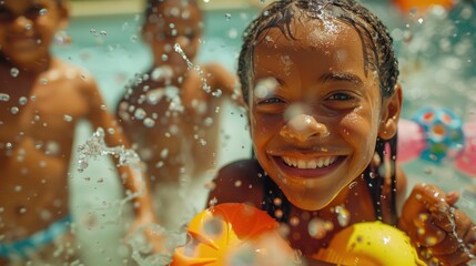 A young girl is smiling and splashing in a pool with other children