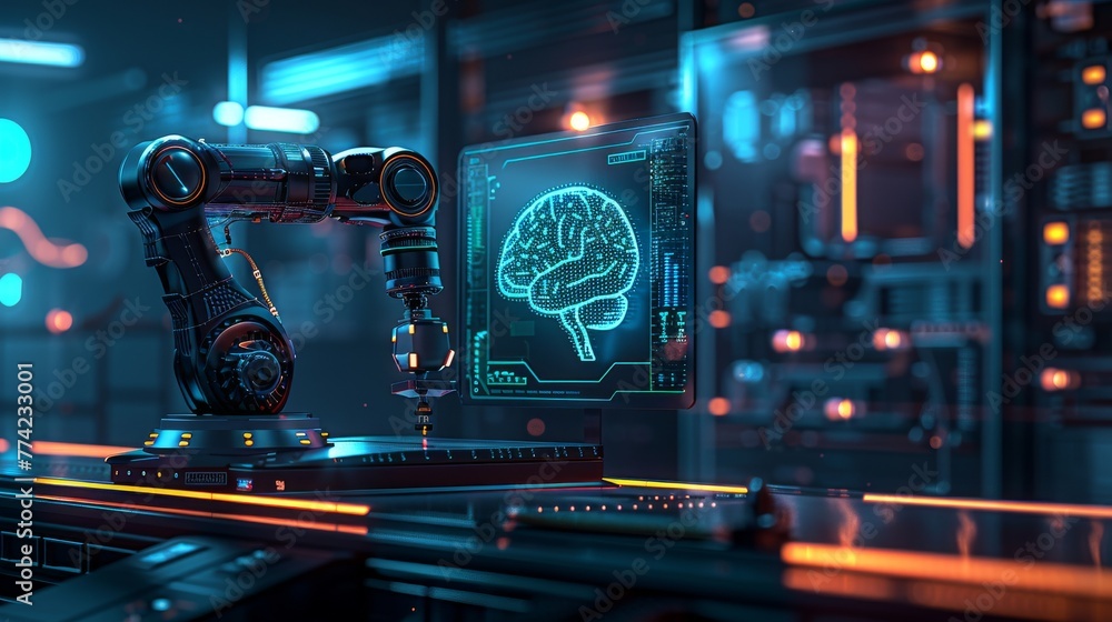 Poster Robotic arm interacting with a digital brain scan in a high-tech laboratory setting