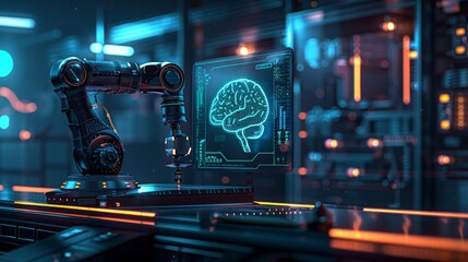 Fototapeta na wymiar Robotic arm interacting with a digital brain scan in a high-tech laboratory setting