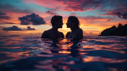 A couple is kissing in the ocean at sunset - obrazy, fototapety, plakaty