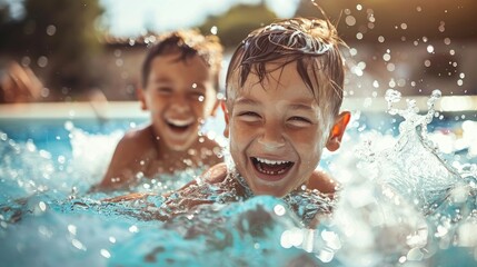 Two young boys are playing in a pool, laughing and splashing water