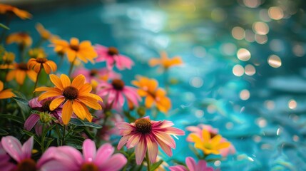 Fototapeta premium A beautiful garden of flowers with a blue background
