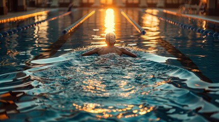 A woman swims in a pool with the sun setting in the background - obrazy, fototapety, plakaty