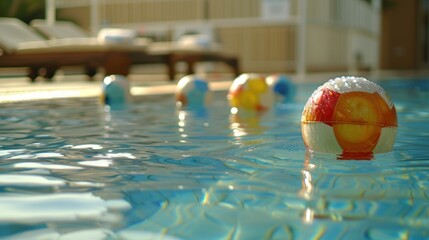 A pool with a few balls in it and a red and white ball on top