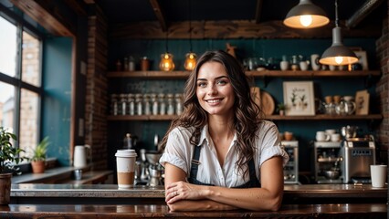 Fototapeta na wymiar Portrait of smiling waitress standing at counter in coffee shop and looking at camera