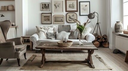 At the rustic wooden coffee table is a wing chair. Scandinavian living room interior design featuring frames