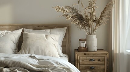 Beige pillows and a rustic bedside cabinet are next to the bed. Modern bedroom interior design in a farmhouse style.