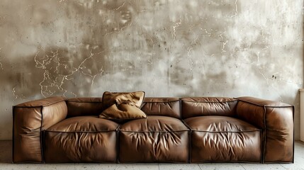 Brown leather couch with a wall of beige stucco. Modern living room interior design of loft home.
