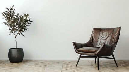 Chair with leather upholstery and copy space situated against a white wall. Modern living room interior design in a Scandinavian home