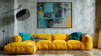 Contemporary living room interior design featuring a loft. Yellow sofa with knitted patchwork and a turquoise pillow. A large poster and a black floor lamp against a plaster wall - obrazy, fototapety, plakaty