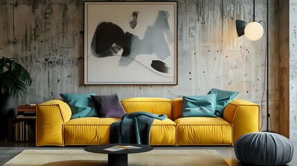 Contemporary living room interior design featuring a loft. Yellow sofa with knitted patchwork and a turquoise pillow. A large poster and a black floor lamp against a plaster wall - obrazy, fototapety, plakaty