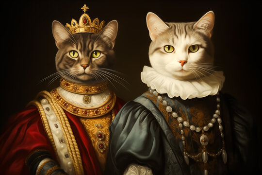 SOVEREIGN CATS, Prince, Princess, King, Queen, Animal, Couple, Portrait, Medieval, Renaissance. A couple of cat emperors dressed up in Medieval style.