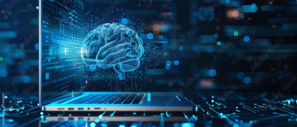 Poster A holographic brain projection from a laptop screen, symbolizing cutting-edge cognitive computing