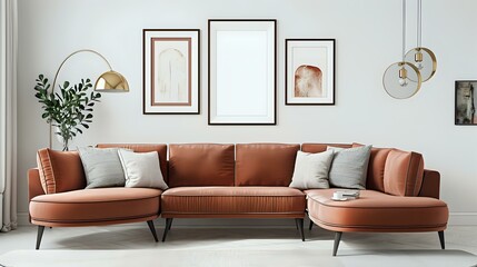 curved loveseat sofa with frames on a white wall. Modern living room interior design in a Scandinavian home.