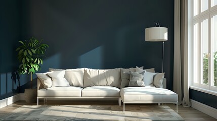 Fototapeta na wymiar Dark blue walls in a room with a beige corner sofa. A contemporary living room's interior design