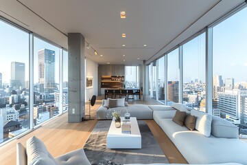 Minimalist apartment room and city view
