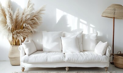A minimalistic modern white living room with cozy sofa and vase with pampas grass