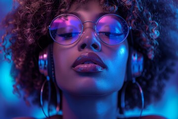 A faceless woman enjoys music with curly hair and headphones highlighted by vibrant blue and purple...