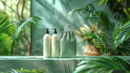 Light green glass dispenser bottle with natural shampoo. Pots with plants and jars of sea salt in the background. Shampoo or shower gel in a light green bottle. Space for text. Mockup. Banner - obrazy, fototapety, plakaty