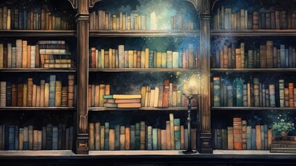 壁一面の夜の本棚_1