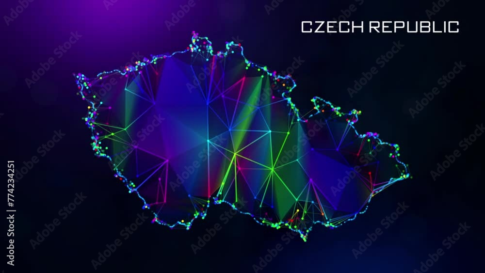 Poster futuristic motion reveal czech republic map polygonal blue purple colorful connected lines and dots 