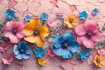 This sweet pink background has a modern soft blooming floral pattern, delicate flowers, yellow, blue, and pink flowers.