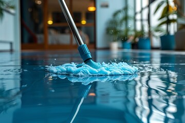 This image captures the essence of cleanliness with a close view of a mop washing a reflective tile floor, creating a sense of purity