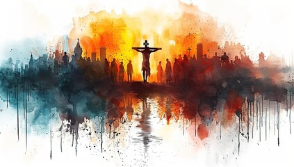 crucifixion of Jesus Christ with watercolor painting - obrazy, fototapety, plakaty