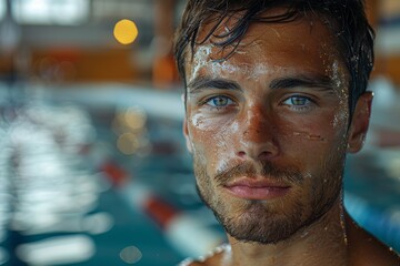 Portrait of a focused male swimmer with water droplets and intense gaze