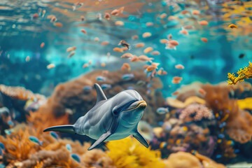 Animals of the underwater sea world. Ecosystem. Colorful tropical dolphin. Life in the coral reef.